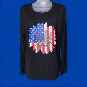 Magicmk Black Long Sleeve Tee with American Flag Sunflower XL